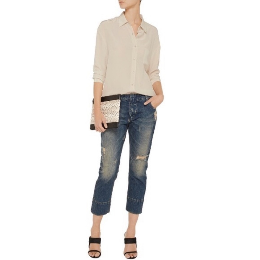 L’AGENCE Neutral Tan/Cream 100% Silk Button Down Size Small